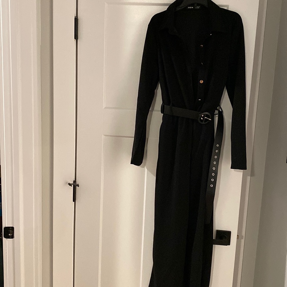 Shein black jumpsuit with gold buttons and belt